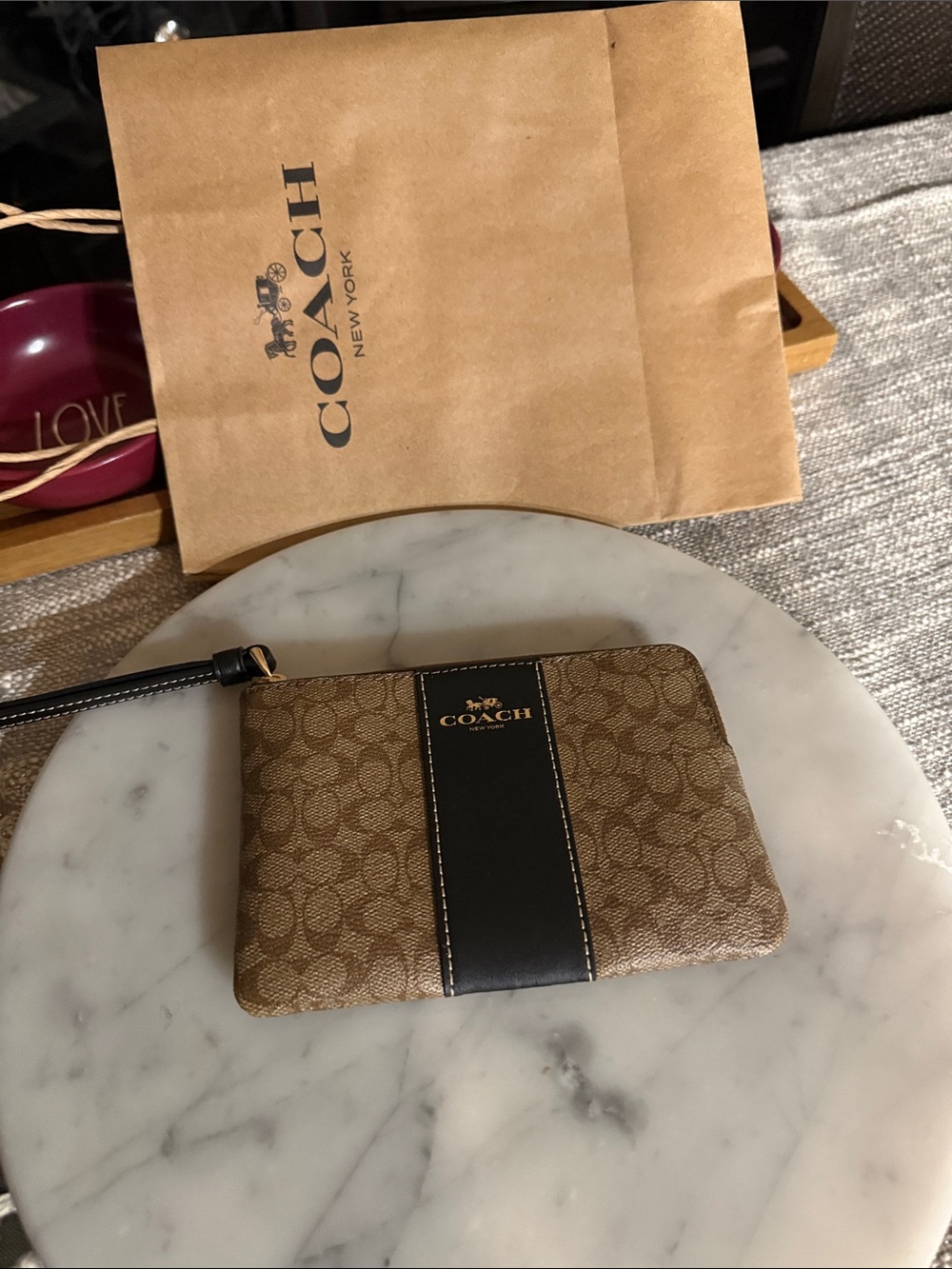 Coach Brown Signature Canvas Wristlet with Black Center Stripe